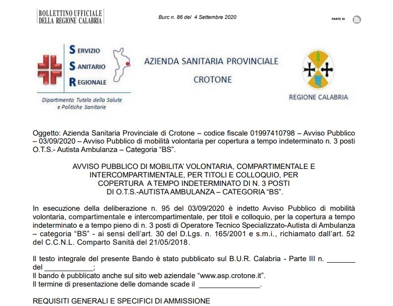 Autista di ambulanza, l'Azienda Sanitaria di Crotone offre 3 posti a tempo indeterminato e tempo pieno | Emergency Live