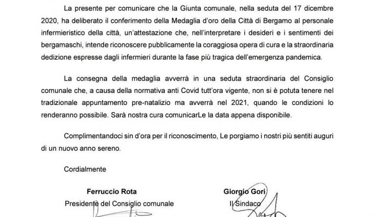 COVID-19 a Bergamo, dal sindaco Gori Medaglia d'Oro agli infermieri della città