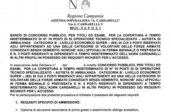 Napoli, dal Cardarelli avviso pubblico per l’assunzione per 10 autisti di ambulanza