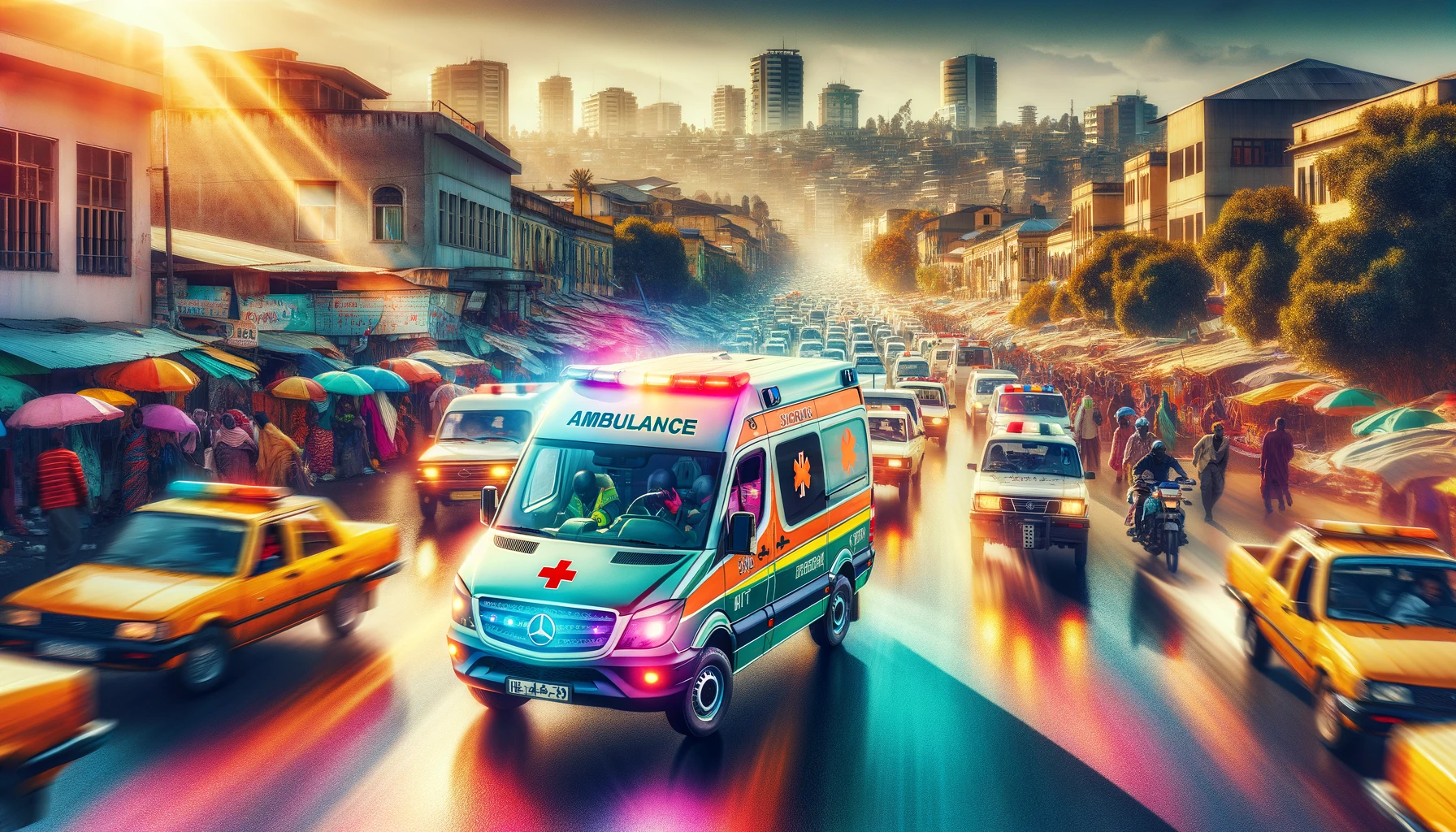 ambulance speeding through the bustling streets of Addis Ababa