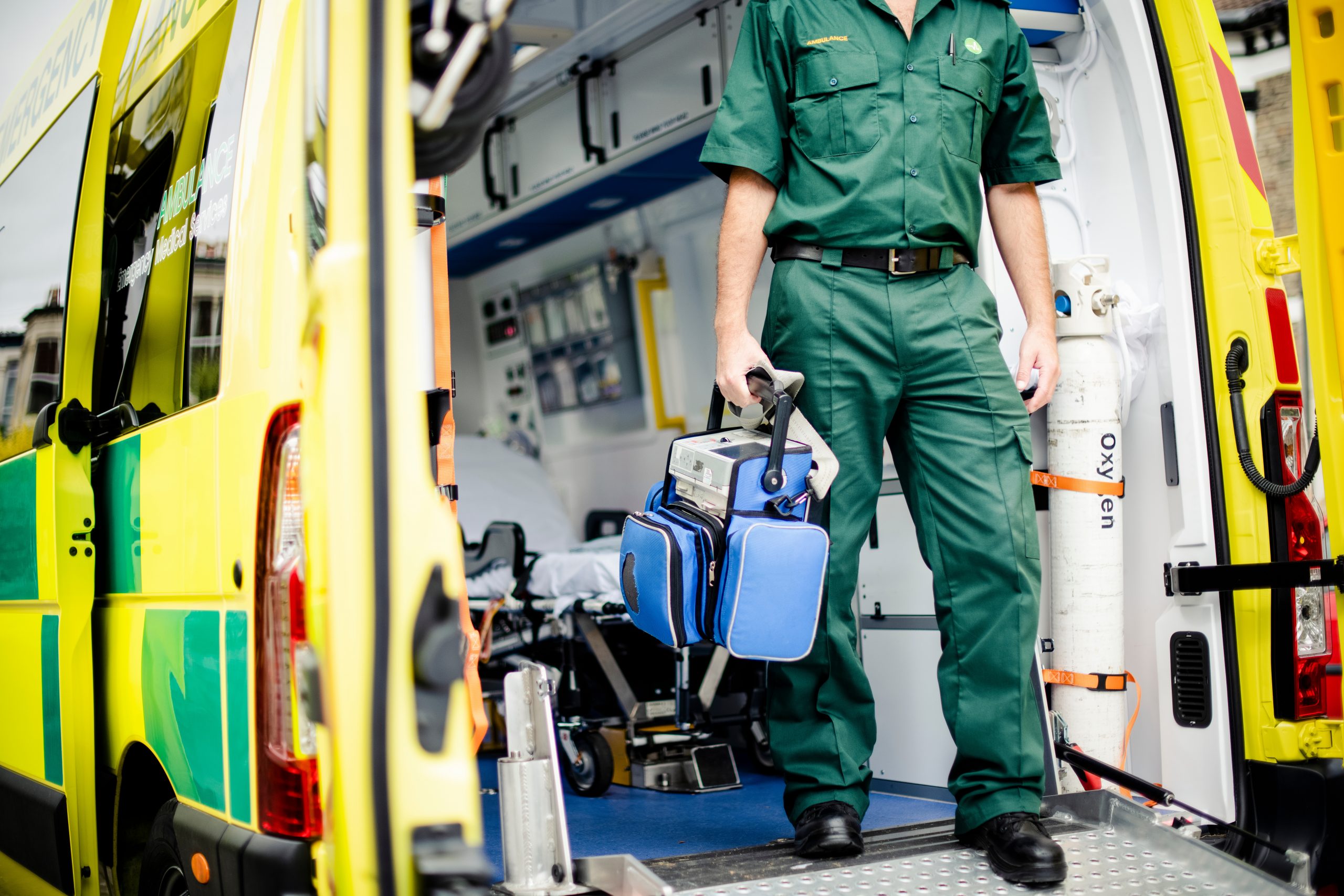 Paramedics at work with an ambulance