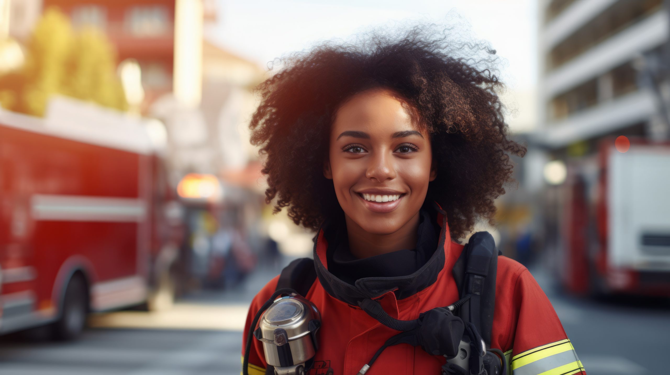 Happy woman firefighter standing next to a firetruck outdoors